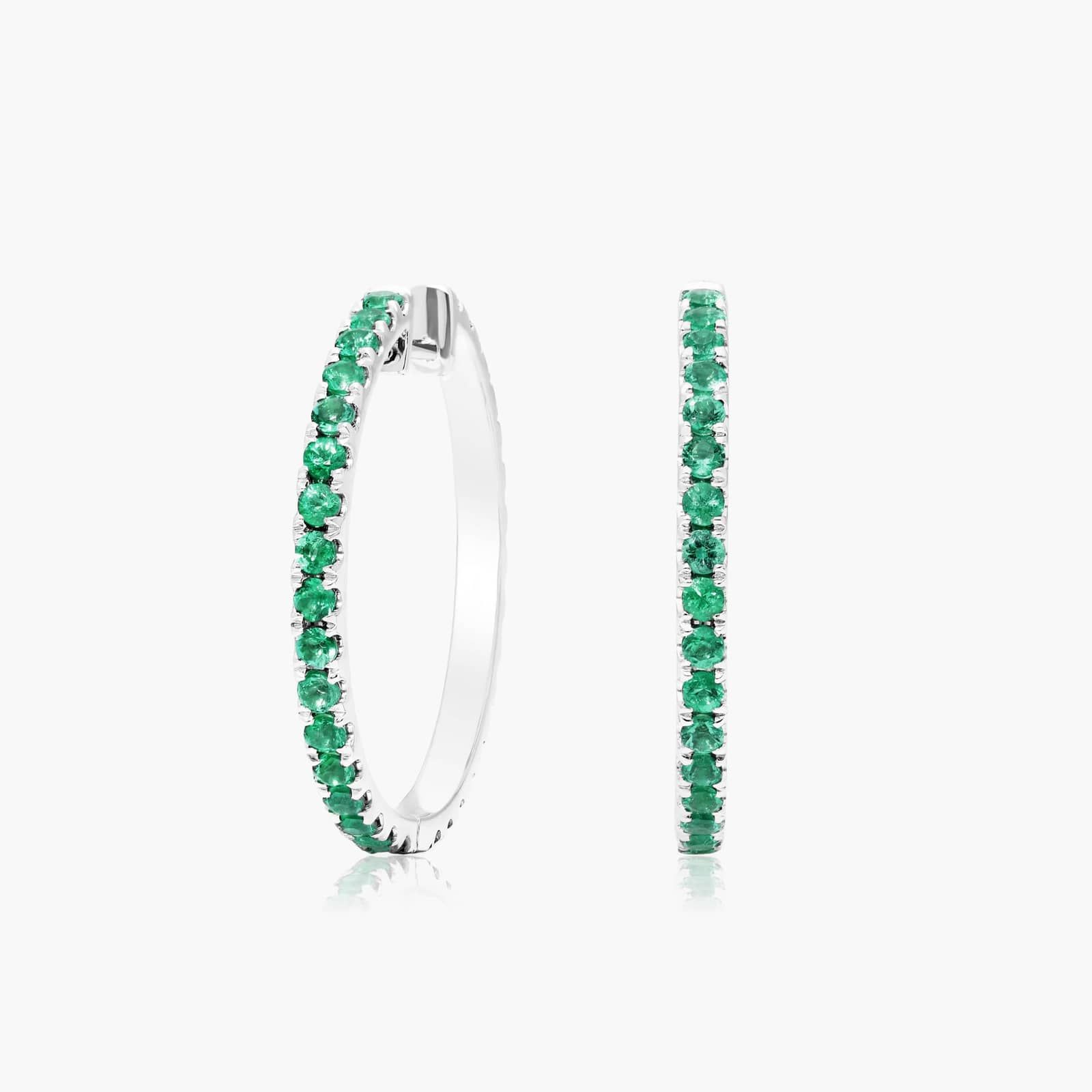 14K White Gold Half and Half Emerald and Diamond Hoop Earrings-8348005w14