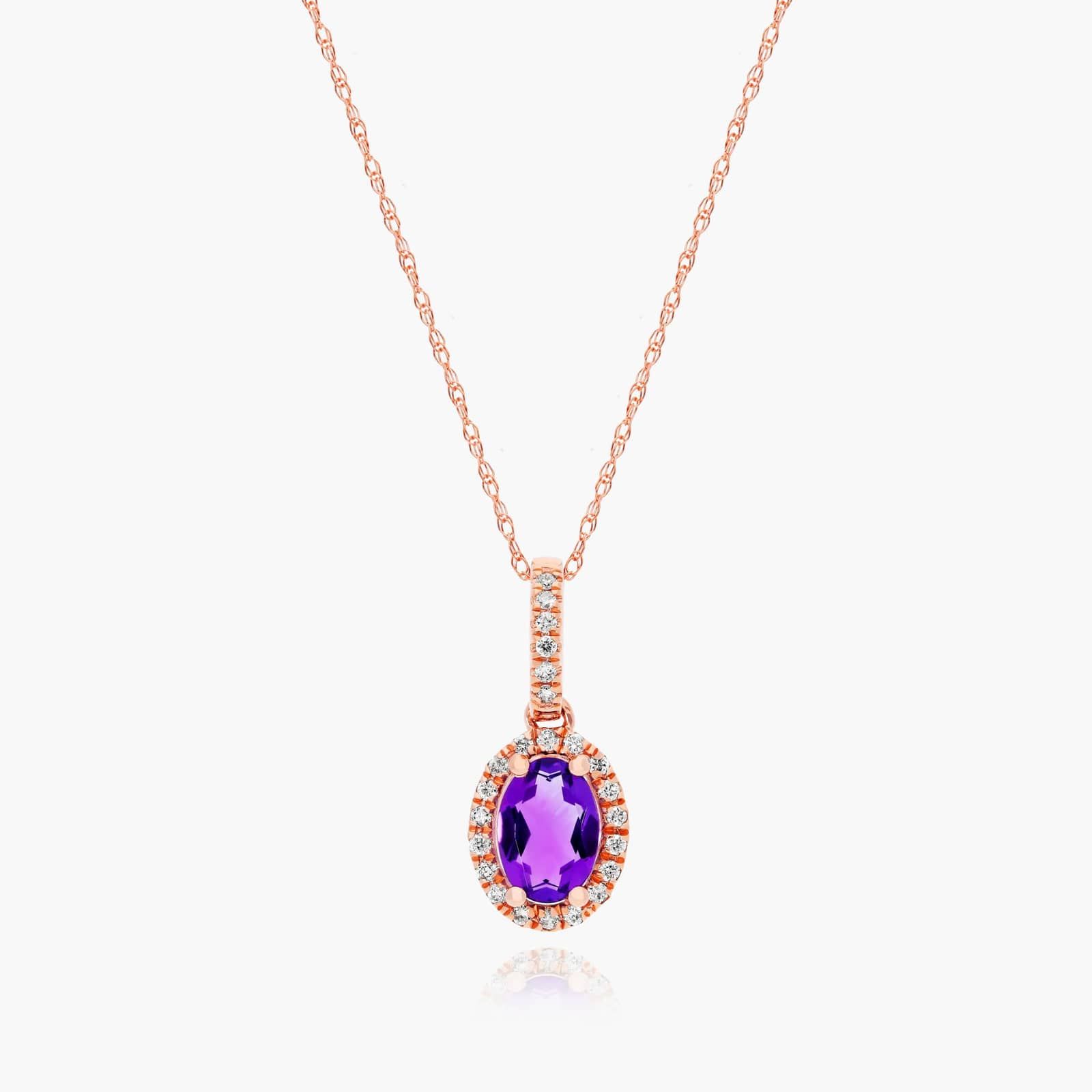 14K Rose Gold Oval Halo Amethyst and Diamond Necklace Image-0