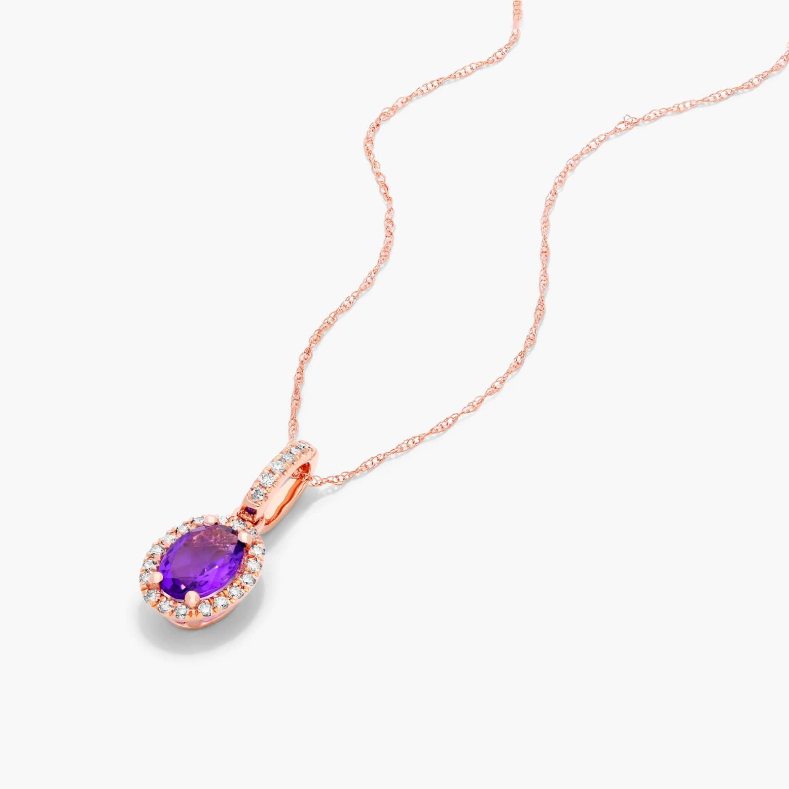 14K Rose Gold Oval Halo Amethyst and Diamond Necklace Image-1