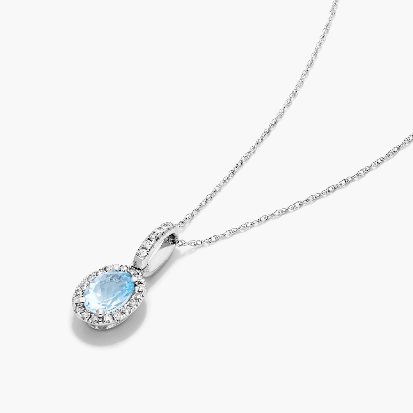 14K White Gold Oval Halo Aquamarine and Diamond Necklace Image-1