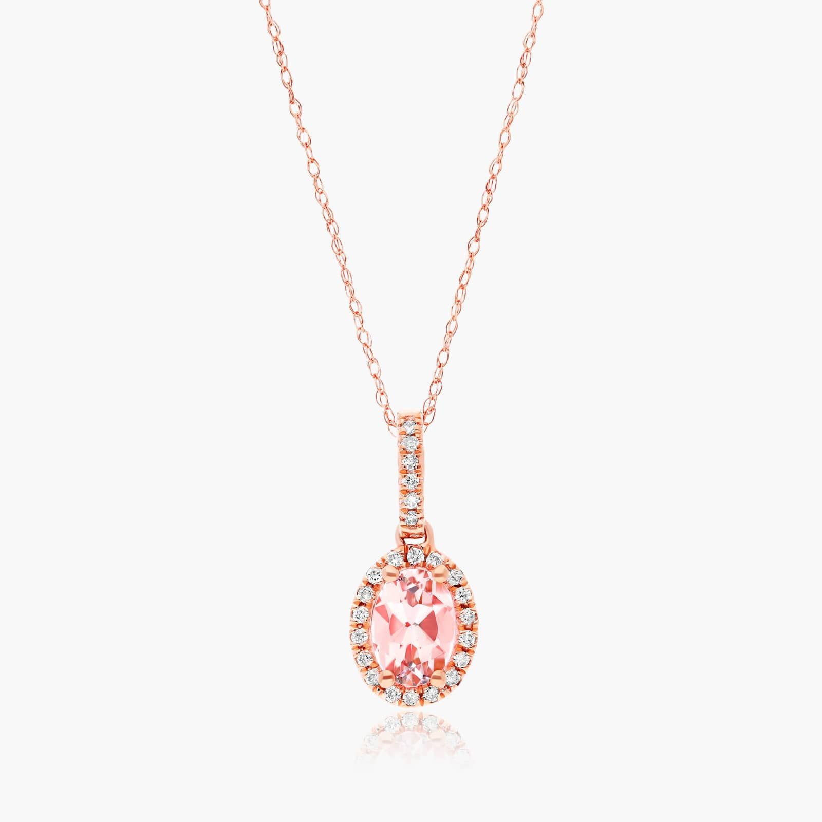 14K Rose Gold Oval Halo Morganite and Diamond Necklace-8348118r14