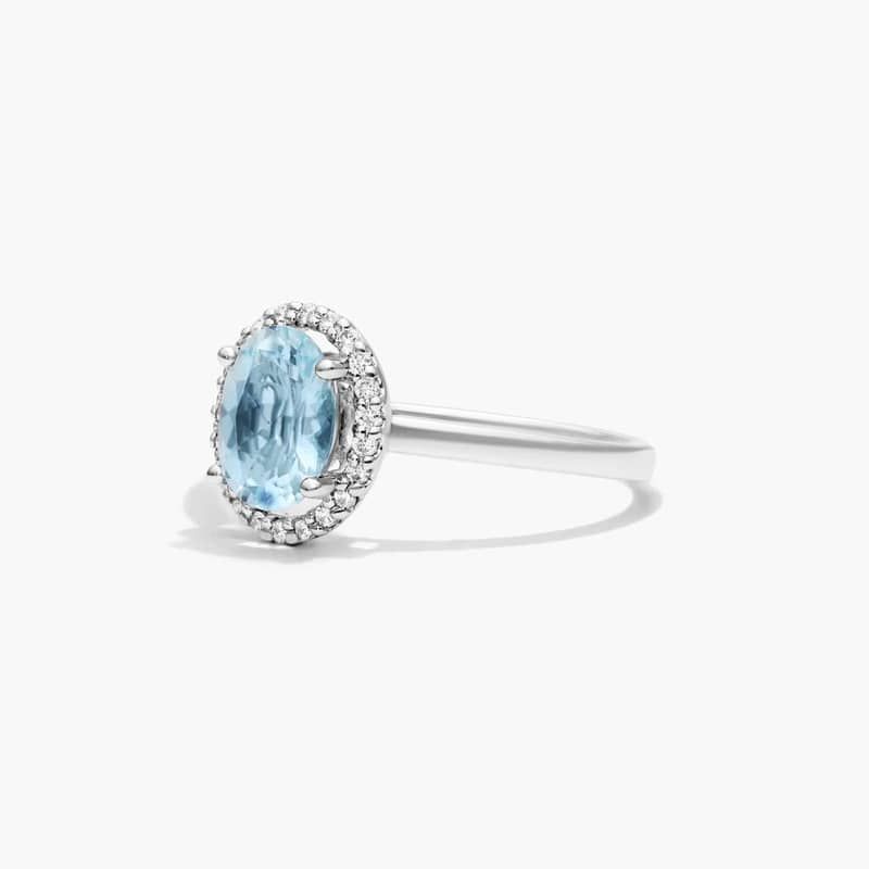 14K White Gold Oval Halo Aquamarine and Diamond Ring
