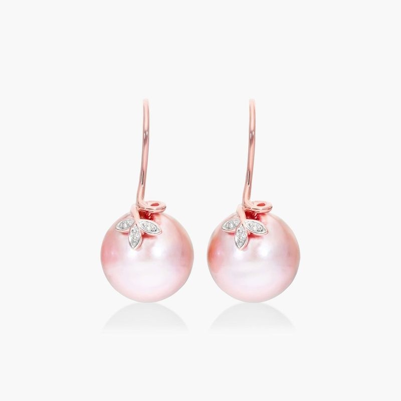 14K Rose Gold Pink Freshwater Cultured Pearl and Diamond Trio Leaf Drop Earrings (13.0-14.0mm)