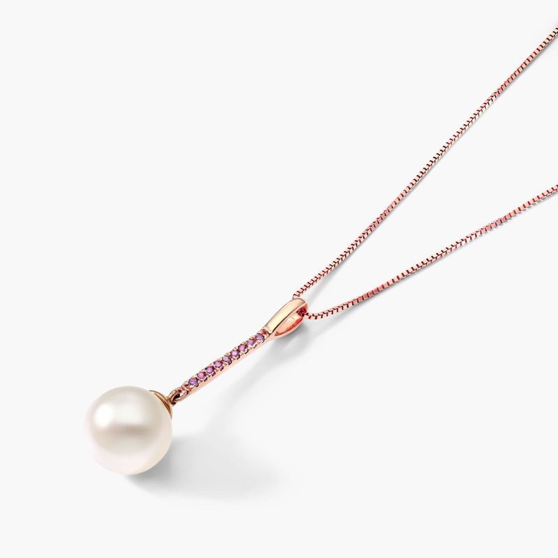 14K Rose Gold Freshwater Cultured Pearl and Amethyst Drop Necklace (8.0-8.5mm)