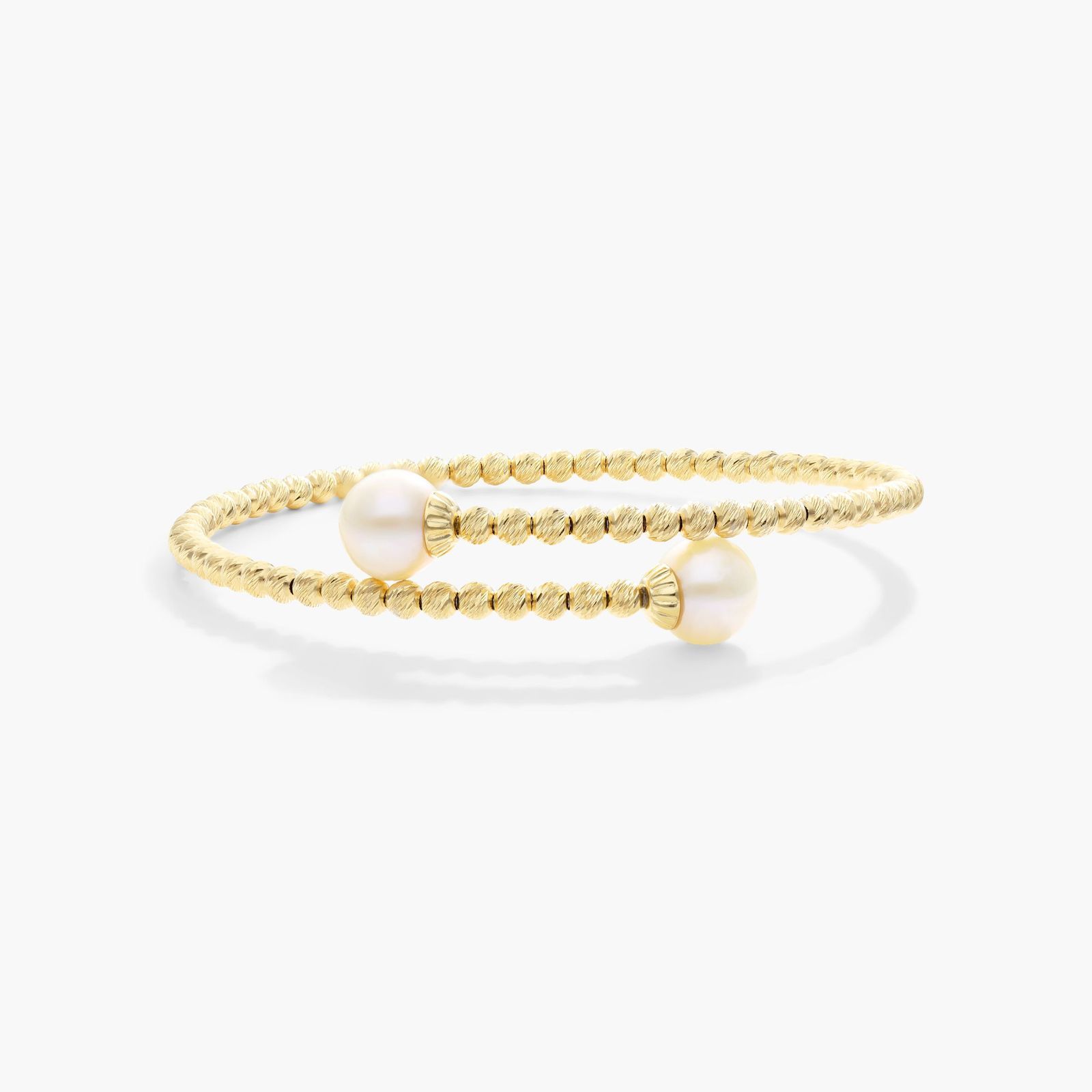 14K Yellow Gold Freshwater Cultured Pearl and Textured Brilliance Bead Bangle Bracelet (8.0-8.5mm) Image-0