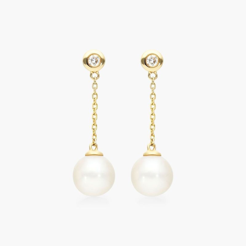 14K Yellow Gold Freshwater Pearl and Bezel Set Diamond Drop Earrings (8.0-8.5mm)