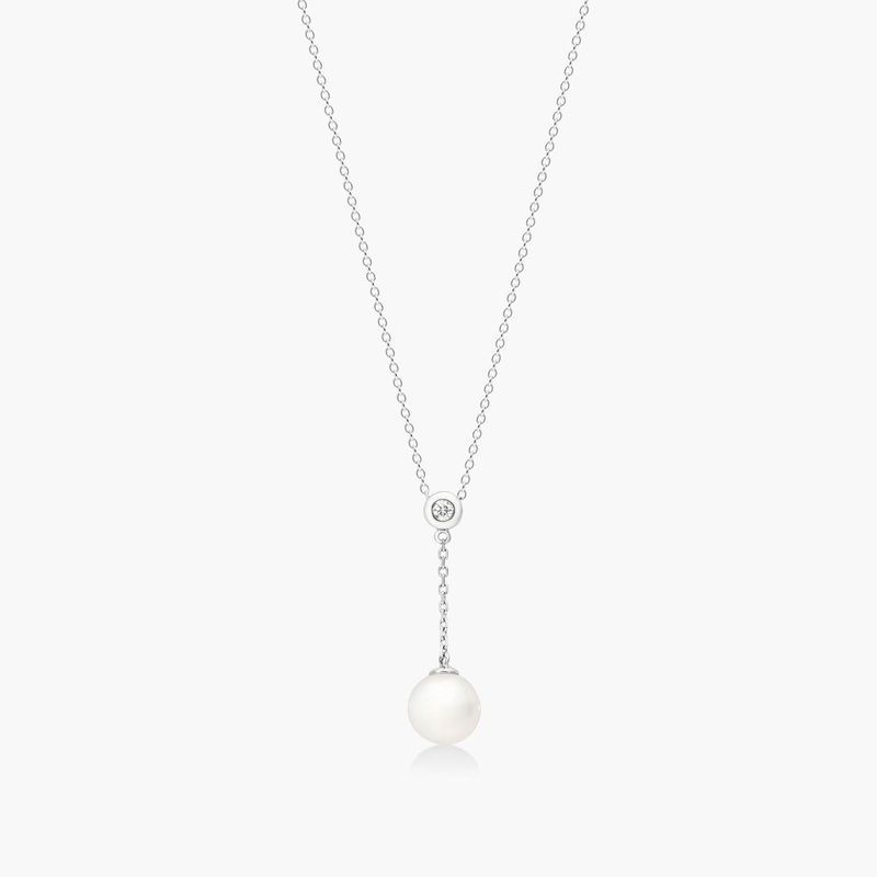 14K White Gold Freshwater Cultured Pearl and Bezel Set Diamond Drop Necklace (8.0-8.5mm)