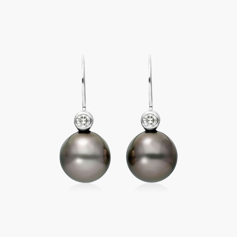 18K White Gold Tahitian Cultured Pearl and Bezel Diamond Drop Earrings (11.0-12.0mm)
