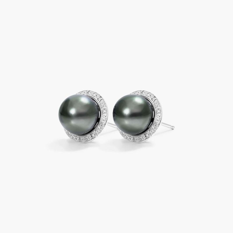 14K White Gold Tahitian Cultured Pearl and Diamond Halo Earrings (8.0-9.0mm)