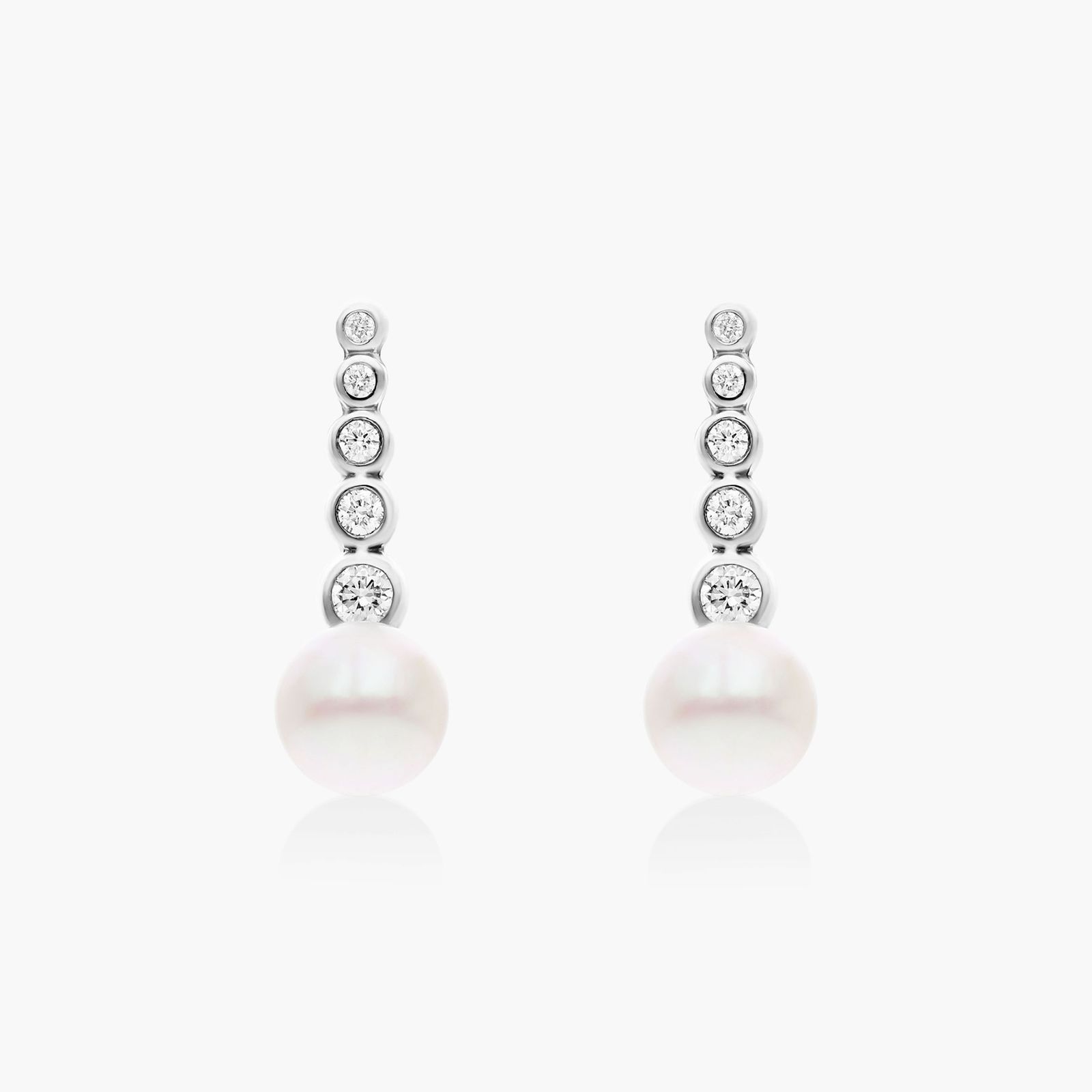 14K White Gold Cultured Freshwater Pearl and Diamond Row Drop Earrings Image-0