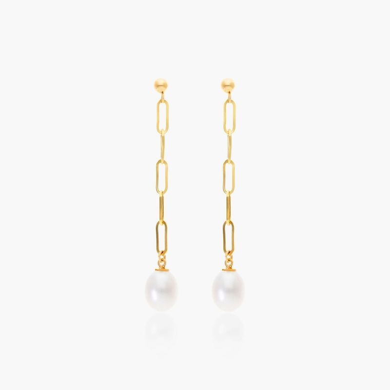 14K Yellow Gold Freshwater Cultured Pearl Paperclip Drop Earrings