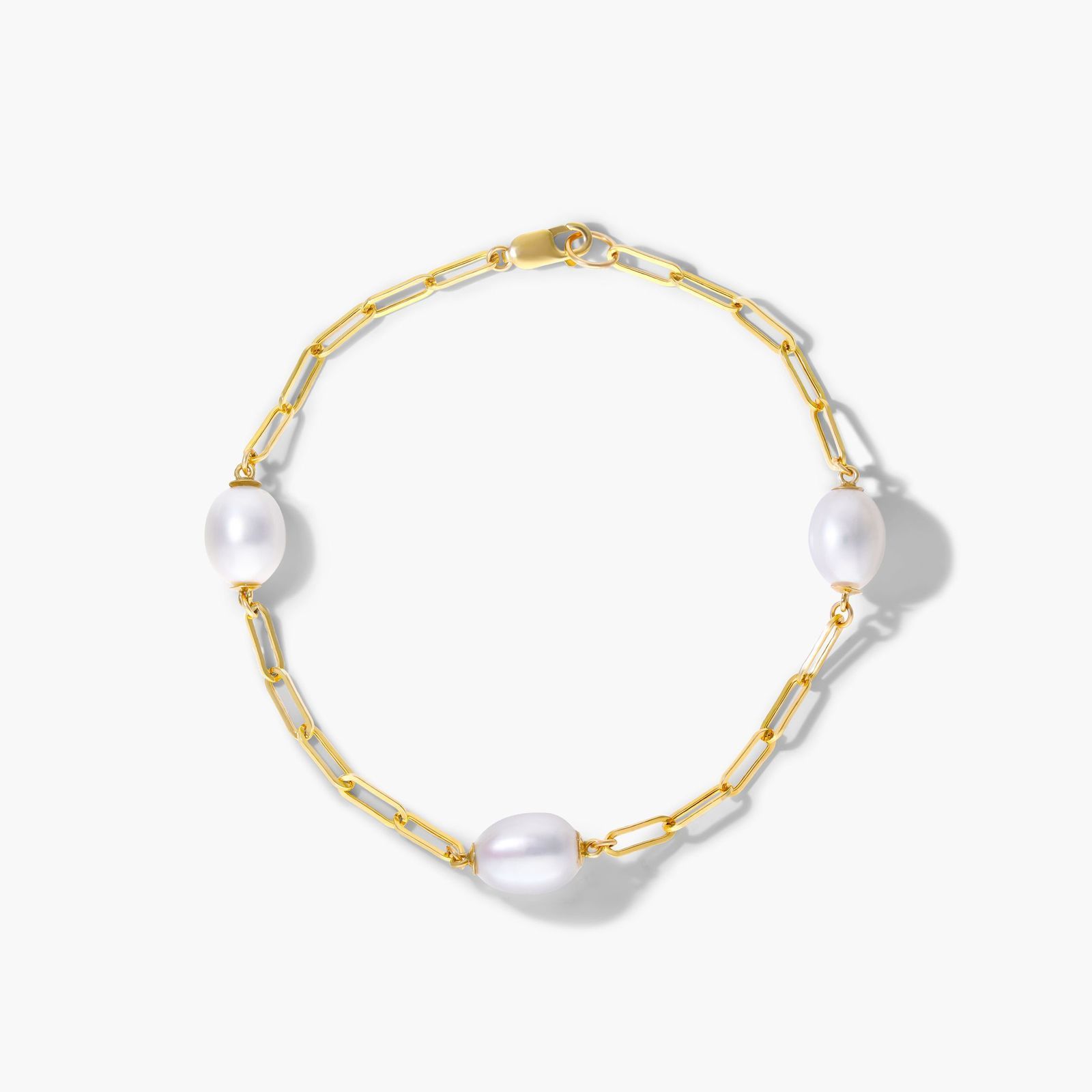 14K Yellow Gold Freshwater Cultured Pearl Station Paperclip Bracelet Image-0