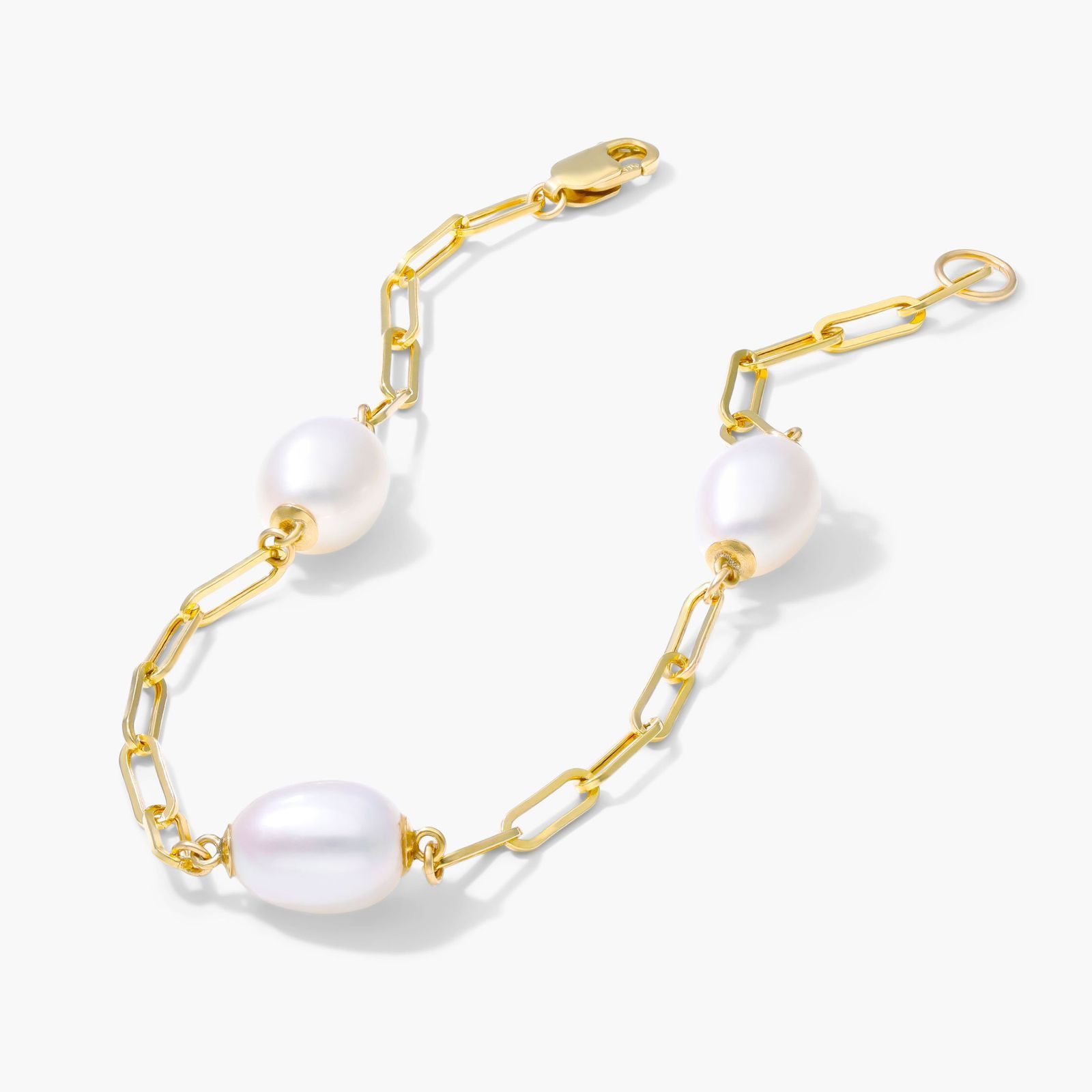 14K Yellow Gold Freshwater Cultured Pearl Station Paperclip Bracelet Image-1