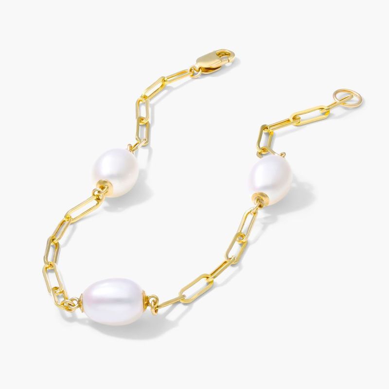 14K Yellow Gold Freshwater Cultured Pearl Station Paperclip Bracelet