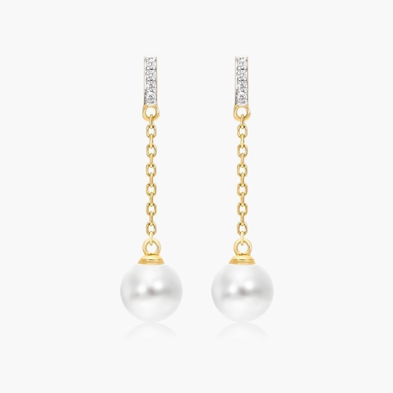 14K Yellow Gold Akoya Cultured Pearl Dash Drop Earrings