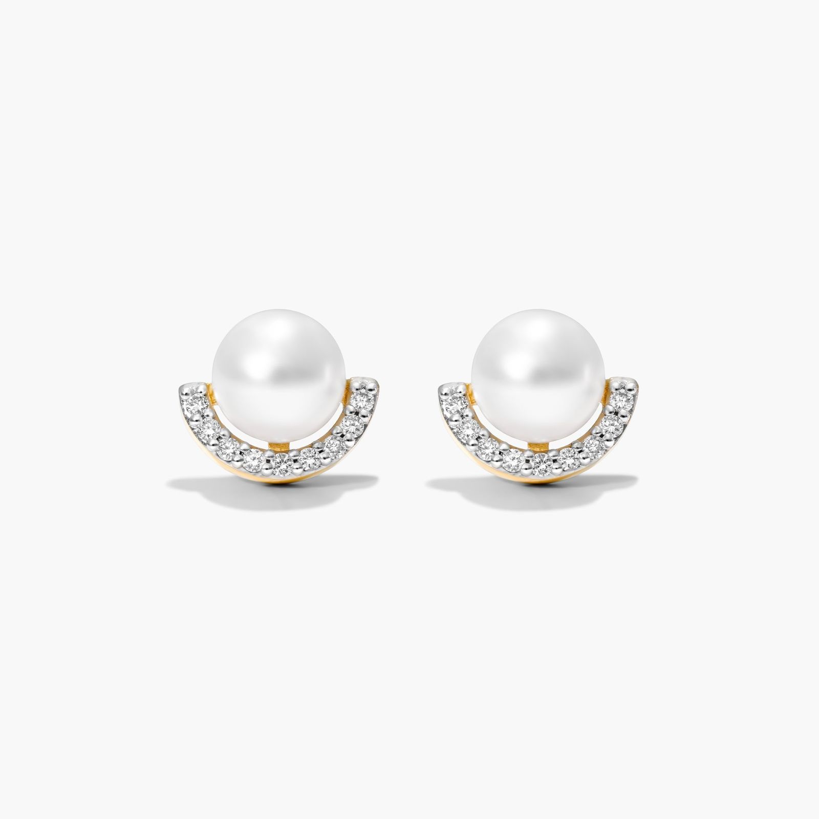 14K Yellow Gold Akoya Cultured Pearl Half Moon Diamond Stud Earrings ...