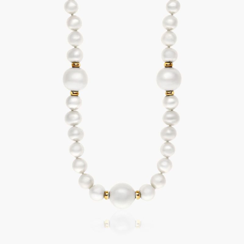 14K Yellow Gold Cultured Freshwater Pearl Modern Strand Station Necklace