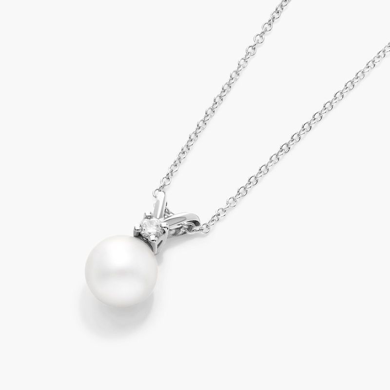14K White Gold Akoya Cultured Pearl and Diamond Necklace