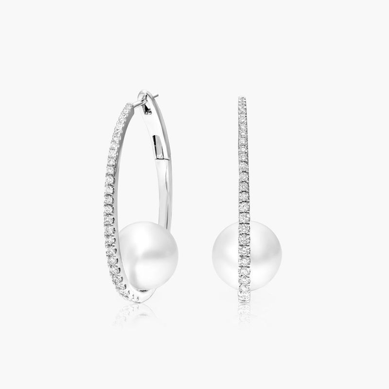 18K White Gold South Sea Cultured Pearl and Diamond Hoop Earrings