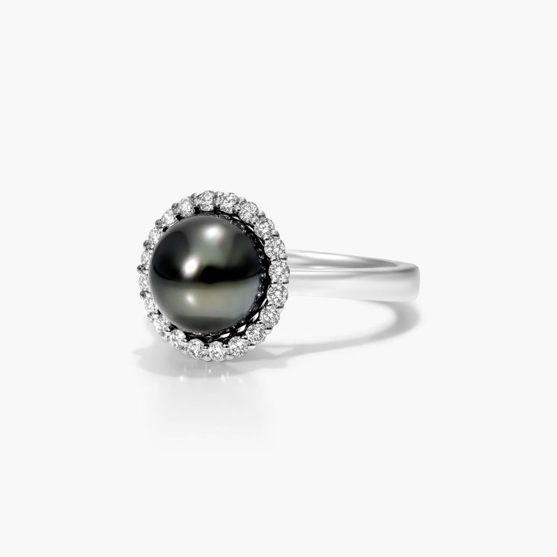 14K White Gold Tahitian Cultured Pearl Diamond Halo Ring