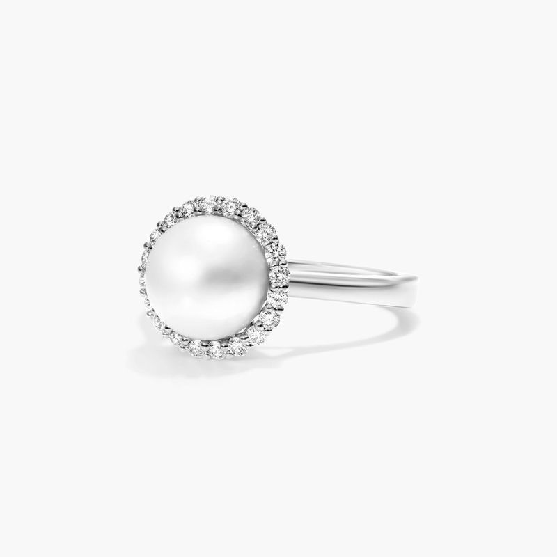 14K White Gold Akoya Cultured Pearl Diamond Halo Ring