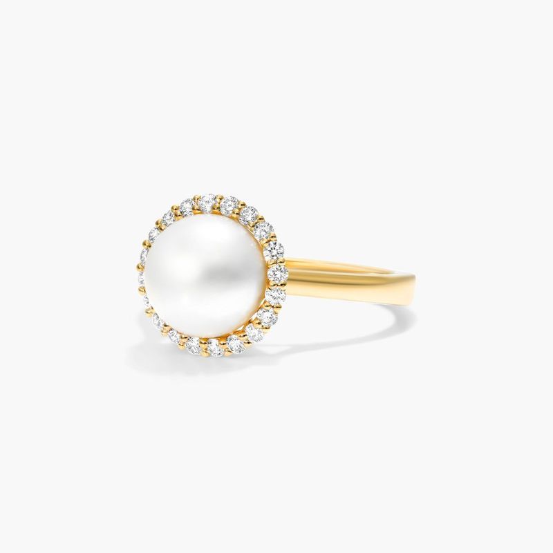 14K Yellow Gold Akoya Cultured Pearl Diamond Halo Ring