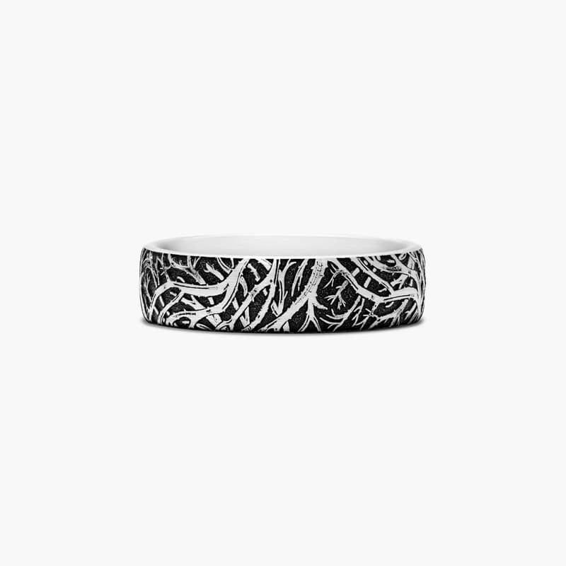 14K White Gold Blackened Forest Pattern Comfort Fit Ring