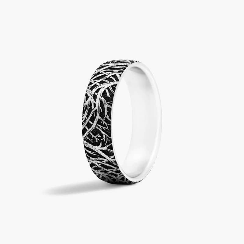 14K White Gold Blackened Forest Pattern Comfort Fit Ring