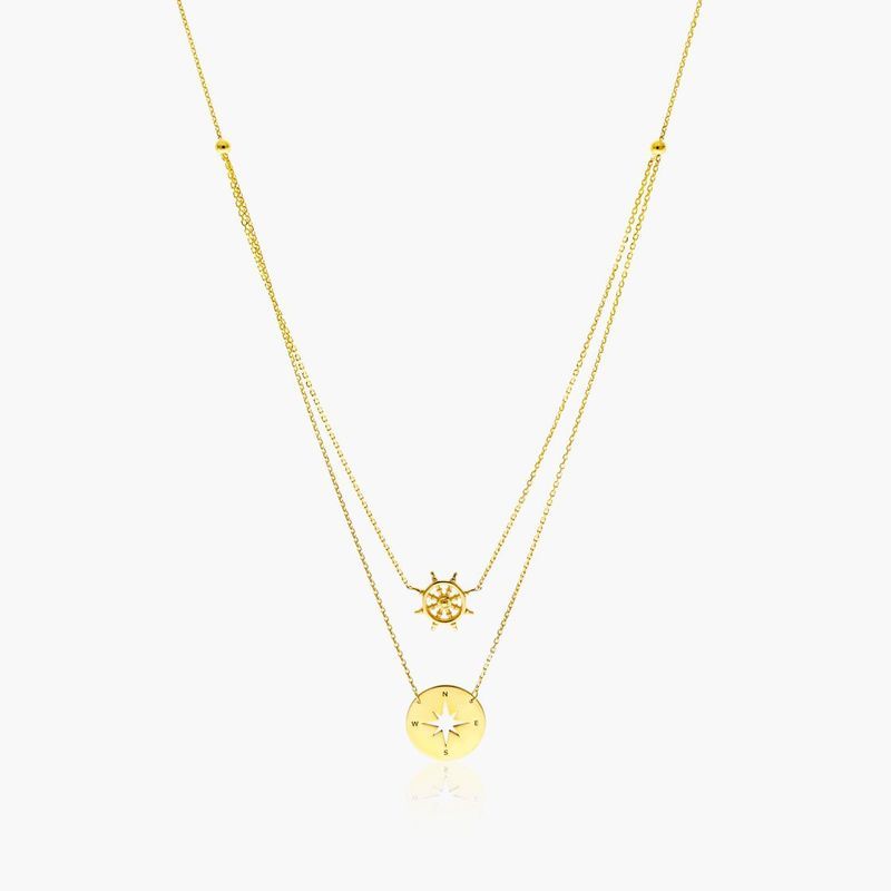 14K Yellow Gold Duo Ship Wheel and Compass Necklace