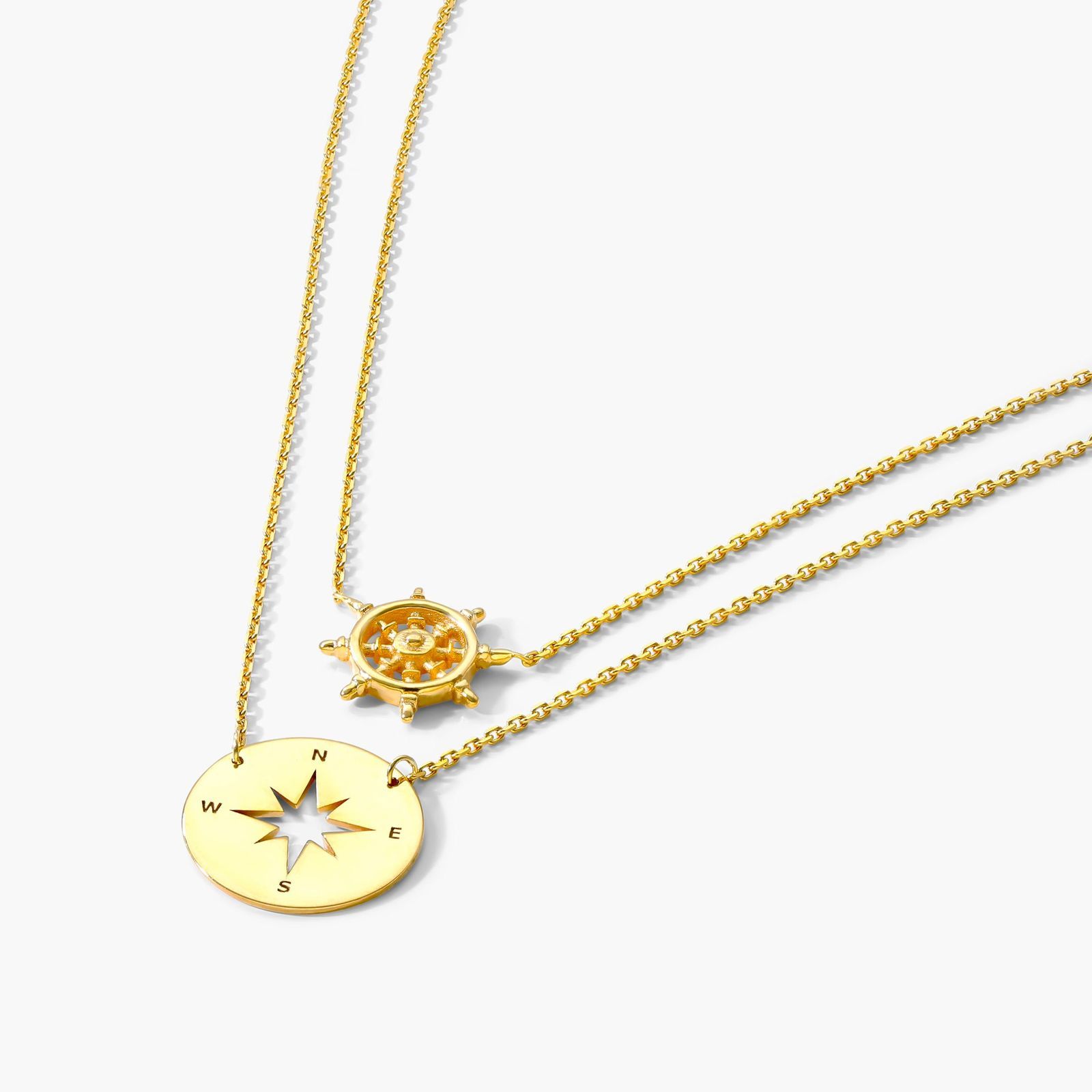 14K Yellow Gold Duo Ship Wheel and Compass Necklace Image-1