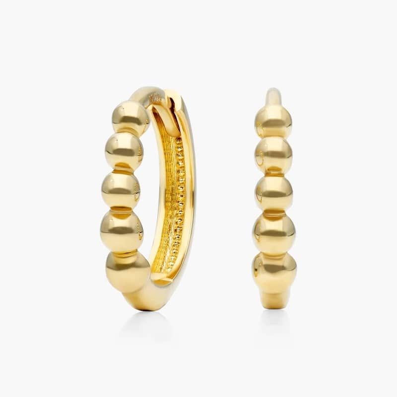 14K Yellow Gold Beaded Huggie Hoop Earrings