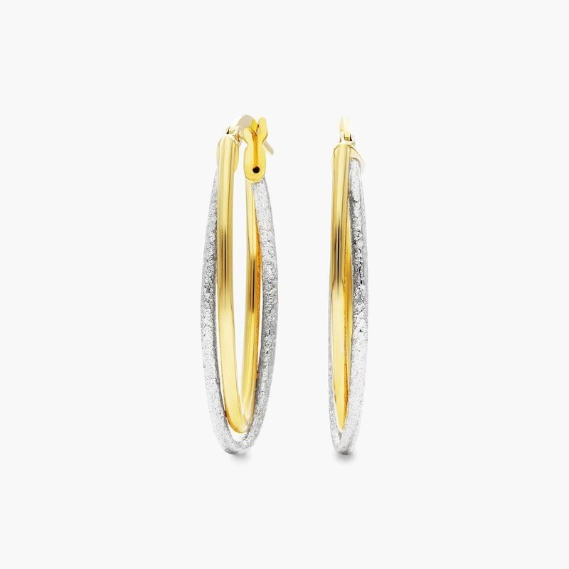 14K Yellow and White Gold Polish and Laser Double Oval Hoop Earrings