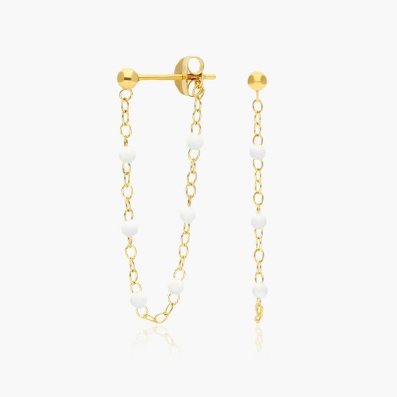 14K Yellow Gold Front To Back White Enamel Bead  Earrings
