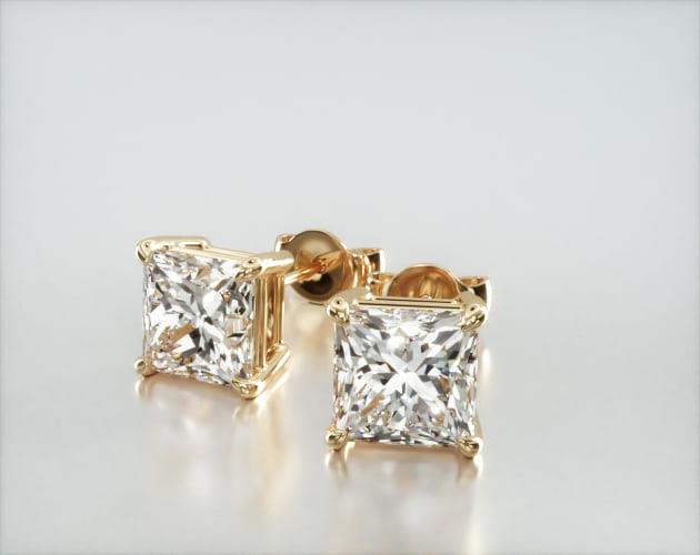 earrings, diamond stud earrings, 14k yellow gold princess cut diamond