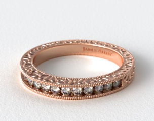 14K Rose Gold Hand Engraved Channel Set Round Brilliant Diamond Wedding Ring