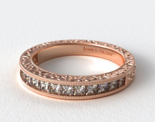 14K Rose Gold Hand Engraved Channel Set Princess Shape Diamond Wedding Ring