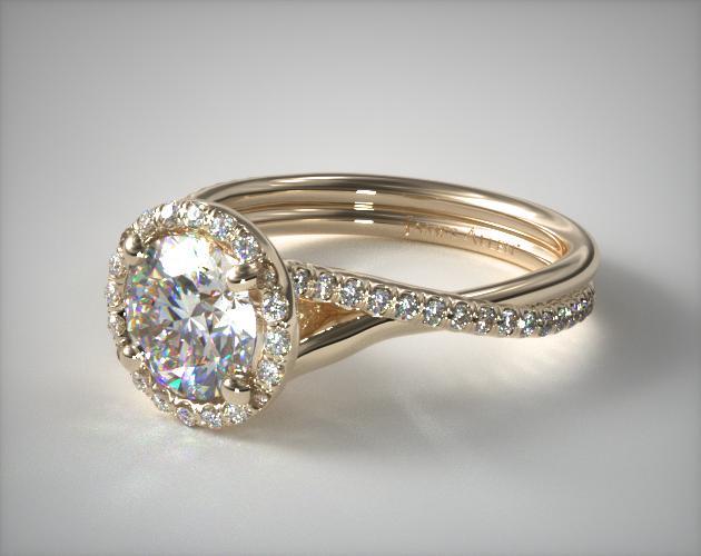18K Yellow Gold Pav Halo and Twisted Shank Engagement Ring