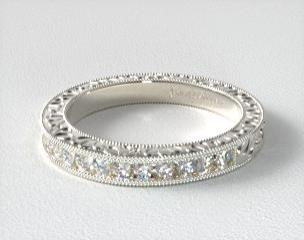 14K White Gold Hand Engraved Channel Set Round Brilliant Diamond Wedding Ring
