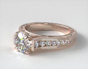 14K Rose Gold Hand Engraved Channel Set Round Diamond Engagement Ring
