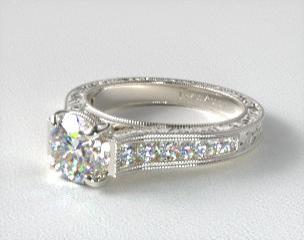 14K White Gold Hand Engraved Channel Set Round Diamond Engagement Ring