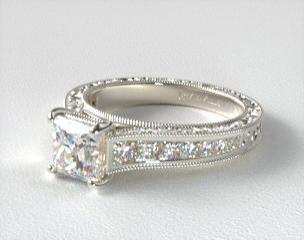 Exquisitely hand-engraved, this James Allen original design features ten princess shape diamonds in a tapered channel. Designed to fit side by side with the matching wedding band, it is striking and symmetrical!