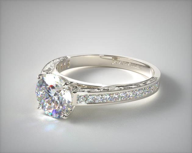 18k White Gold Engraved Channel Set Princess And Carre Shaped Diamond Engagement Ring