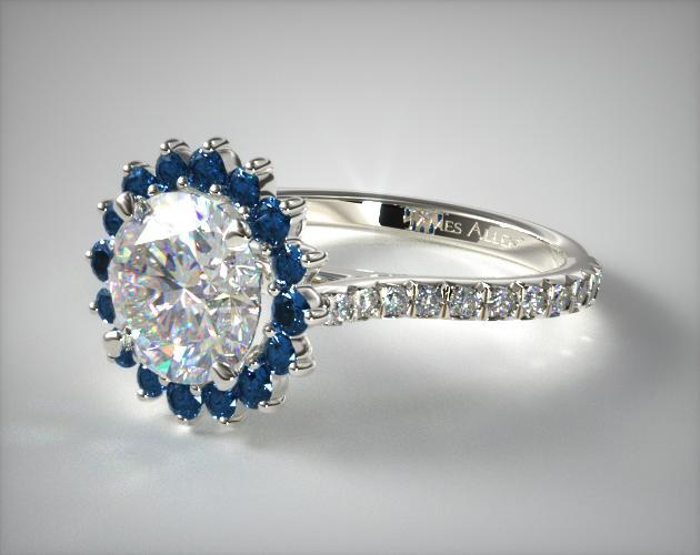 18K White Gold Blue Sapphire Pave Sunburst Engagement Ring