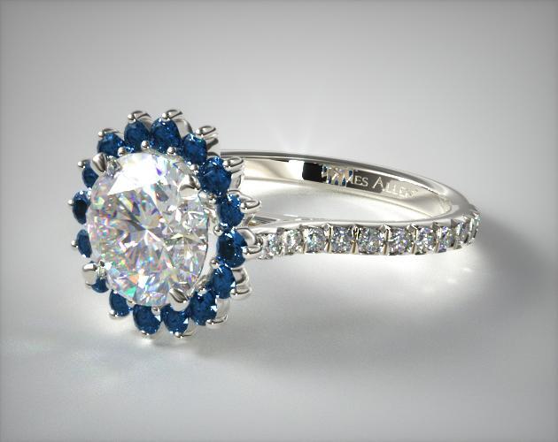 14K White Gold Blue Sapphire Pavé Sunburst Engagement Ring