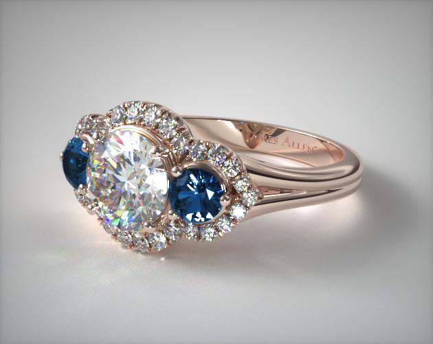 14K Rose Gold Three Stone Pavé Frame Engagement Ring