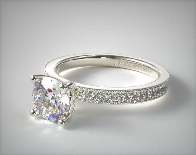 14K White Gold Bright Set Milgrain Pave Engagement Ring