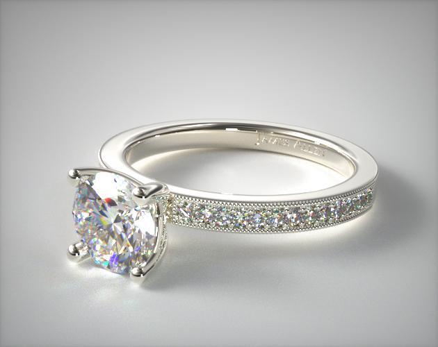 14K White Gold Bright Set Milgrain Pavé Engagement Ring