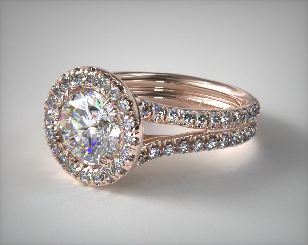 14K Rose Gold Double Shank Pavé Halo Engagement Ring