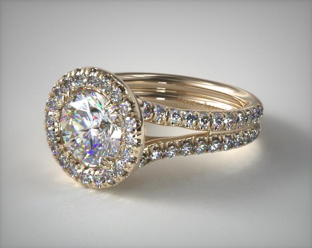 18K Yellow Gold Double Shank Pavé Halo Engagement Ring