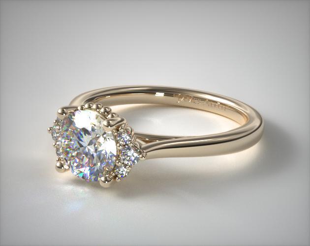 engagement rings, side stones, 14k yellow gold bead accent pave trio